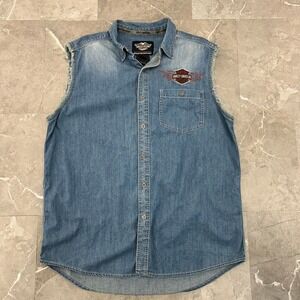 Harley Davison Denim Button Up Shirt Mens Large Sleeveless Vest Embroidered Bike